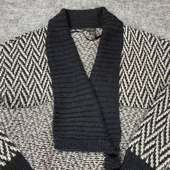 DKNY Sweater Women Large Alpaca Black White Cardigan Open Front Shawl Neck - Picture 2 of 10